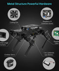Vision Quadruped Robot Standard Kit With AI Powered Vision For Target Tracking And Face Detection, Line Following And Flexible Leg Movement, Perfect For STEM Education, Coding Practice, And Creative Robotic Projects. Metal quadruped robot kit with camera, fan, Raspberry Pi board and LiPo battery