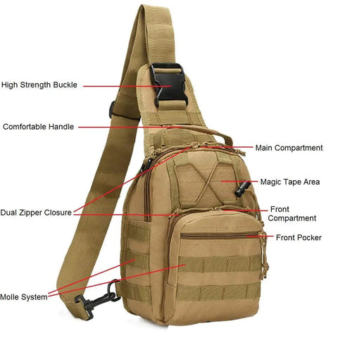 Tan Dope Lightweight Outdoor Tactical Backpack with labeled compartments and features, 8 oz, suitable for everyday carry and travel.
