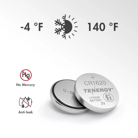 Top Tier CR1620 3V Lithium Coin Cell Batteries Five Pack showing two batteries with anti-leak and no mercury symbols.
