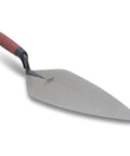 London Style Brick Trowel With DuraSoft Handle For Pro Grade Masonry Jobs 12 By 5 One Eighth Inch High Carbon Steel Forged Blade Ideal For Brick Block And Stonework Made In USA displayed at an angle showing blade and handle.