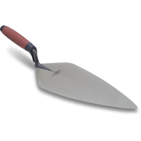 London Style Brick Trowel With DuraSoft Handle For Pro Grade Masonry Jobs 12 By 5 One Eighth Inch High Carbon Steel Forged Blade Ideal For Brick Block And Stonework Made In USA displayed at an angle showing blade and handle.