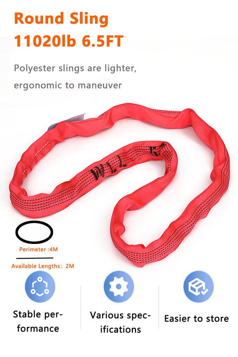Round Sling 11020 Lbs 6.5 Ft Polyester Rigging Sling for hoist, red color, suitable for heavy duty lifting and industrial use.