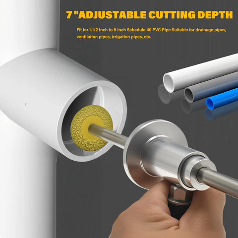 7 Inch Inside PVC Pipe Cutter With Adjustable Depth From 0 To 7 Inches, cutting a white PVC pipe, showing diamond wheel