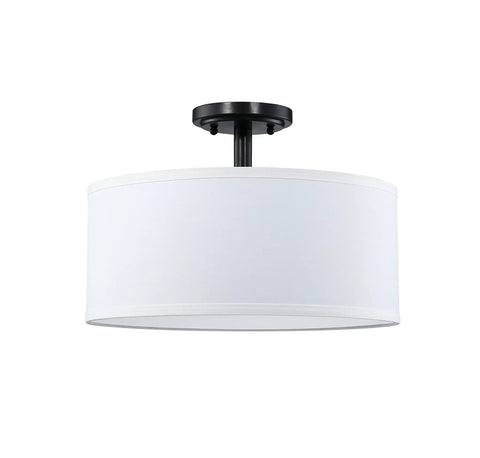 Fabric Drum Shade Semi Flush Mount Ceiling Light With PS Diffuser Off White Fabric Shade Black Finish 13 Inch Size