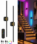 GOODEA Rechargeable RGB Wall Sconce with 2 Replaceable Batteries illuminating a staircase with vibrant colors, remote, and USB cables.