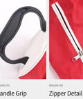 Handle and zipper detail of portable golf ball retriever with detachable tube and large mesh pocket that holds 70 plus balls.