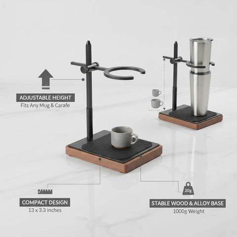 Adjustable Pour Over Coffee Stand Built From Premium Wood And Rock Solid Alloy Fits Travel Mugs Carafes with a compact design.
