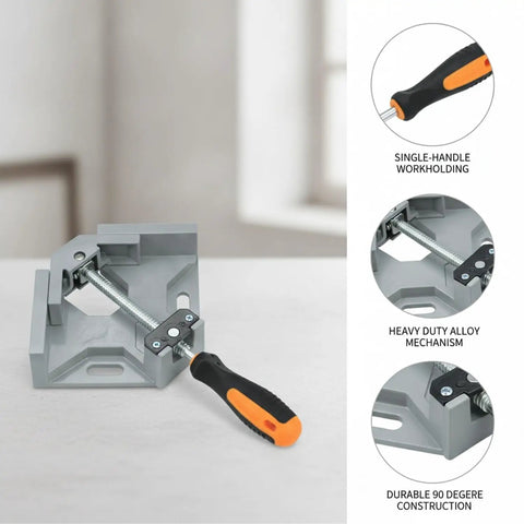 Hefty Heavy Duty Single Handle Right Angle Clamp Locks Metal And Wood At Precise 90 Degrees For Perfect Squared Joints during assembly.
