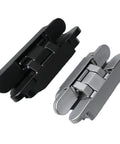 Premium Invisible Door Hinge With Concealed Adjustable Cross Shaped Wooden Handle For Seamless Hidden Closet Access Heavy Duty Black Finish and silver hinge pair.