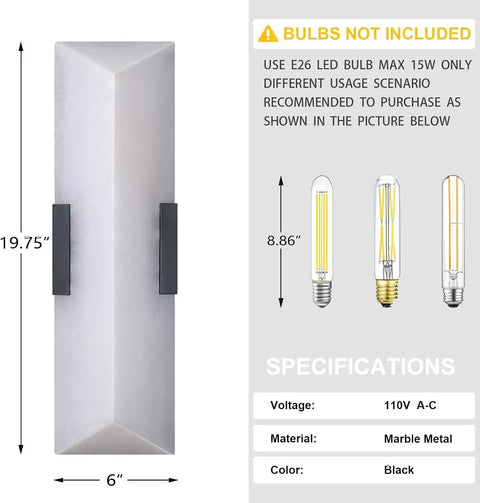 Tonabona 20" LED 18W 3000K Natural Alabaster Marble Farmhouse Bathroom 2 Pack Black Wall Sconce dimensions 19.75" x 6".