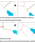 Instructions showing 30 Piece Gourd Shaped Needle Threaders Set for Sewing and Crafting usage with blue plastic tool and needle.