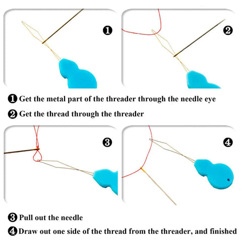 Instructions showing 30 Piece Gourd Shaped Needle Threaders Set for Sewing and Crafting usage with blue plastic tool and needle.
