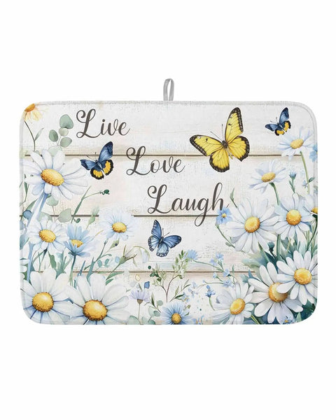 Pastoral Daisy And Butterfly Dish Drying Mat For Kitchen White Wood Grain Absorbent Counter Pad Soft Polyester 18 By 24 Inches