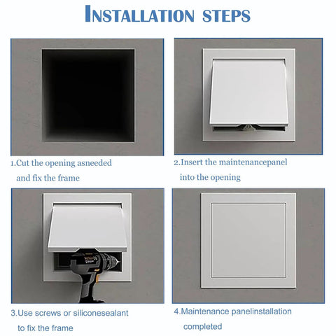 Installation steps for Top Tier 16 By 32 Inch Galvanized Steel Access Panel With A Slick Push To Open Track For No Sweat Drywall And Ceiling Pipe Fixes In Crisp White.
