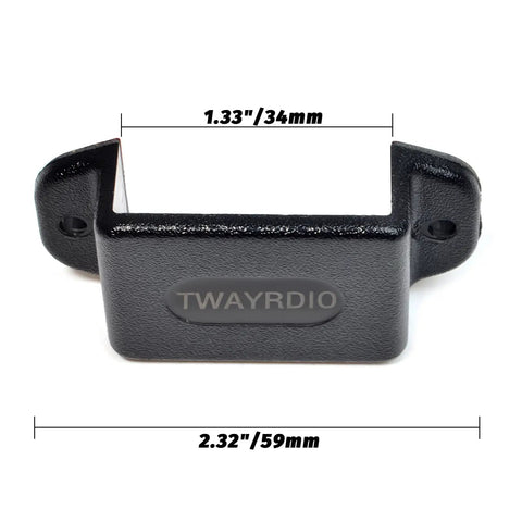 Dashboard Mount For Handheld Radios with Belt Clip No Fuss Install; front view showing dimensions 1.33x2.32 inches