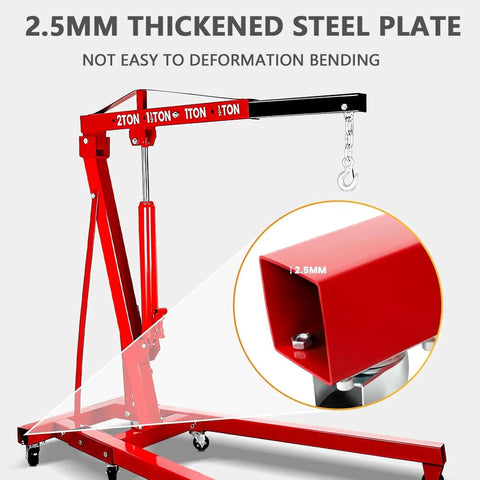 Heavy Duty Two Ton Hydraulic Engine Crane Hoist With Telescopic Boom and durable 2.5mm thick steel plate for stability.