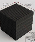 96 Pack Black Acoustic Foam Tiles That Hits Hard On Room Echo And Gives Your Vocal Booth Pro Level Clarity Includes No Sweat Double Sided Tape For Instant Setup And Heavy Duty Sound Dampening For Home Studios, showing dimensions of 12x12 inches.