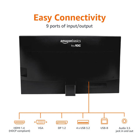 Rear view of 27 Inch IPS Full High Definition Monitor With An Adjustable Stand For Home Office And Entertainment 75 Hz Refresh Rate Plug And Play Ready HDMI DisplayPort VGA Ports Built In Speakers Vesa Compatible Sharp Black showing ports.