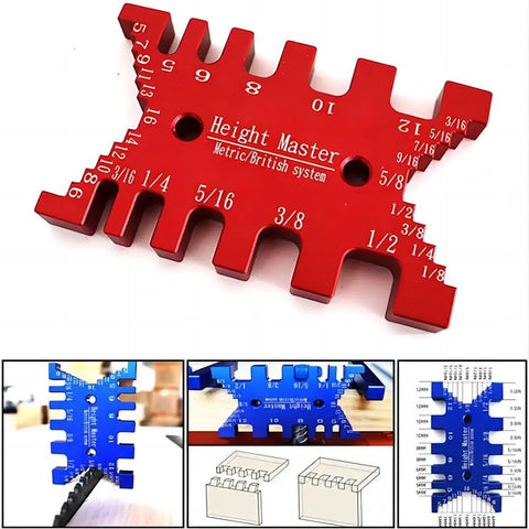 Heavy Duty Aluminum Dovetail Jig And Tenon Caliper Card Gauge For Woodworking Projects shown in red and blue for metric and imperial measurements.