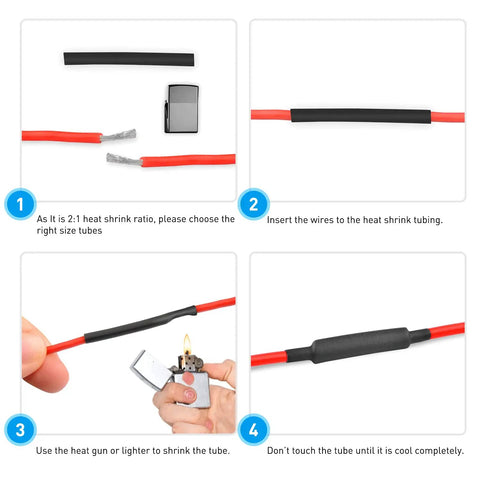 Heat Shrink Tubing Kit 2 To 1 Shrink Ratio 45mm Cable Sleeve installation steps with flame retardant polyolefin.