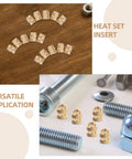 Grab 100 Pack of Solid Copper Heat Set Inserts With Knurled Threads For Heavy Duty Screws Embedment That Stick Like A Champ In Any Project Without Fail arranged on a wood surface and next to hardware.