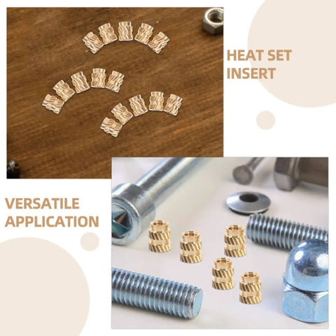 Grab 100 Pack of Solid Copper Heat Set Inserts With Knurled Threads For Heavy Duty Screws Embedment That Stick Like A Champ In Any Project Without Fail arranged on a wood surface and next to hardware.