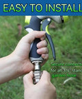 Person connecting a garden hose to a sprayer using Stainless Steel Garden Hose Quick Connect Fittings Set Three Quarter Inch GHT Heavy Duty Quick Release Connectors For Hoses And Sprayers Five Pack Built To Last No Rust Corrosion Resistant Leak Proof Seal Easy On Quick Connect Design No Fuss Setup in a garden.