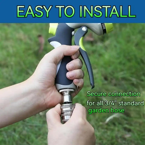 Person connecting a garden hose to a sprayer using Stainless Steel Garden Hose Quick Connect Fittings Set Three Quarter Inch GHT Heavy Duty Quick Release Connectors For Hoses And Sprayers Five Pack Built To Last No Rust Corrosion Resistant Leak Proof Seal Easy On Quick Connect Design No Fuss Setup in a garden.