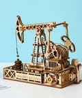 3D Wooden Oil Derrick Model Kit For Adults on blue background, showcasing intricate mechanical engineering details.