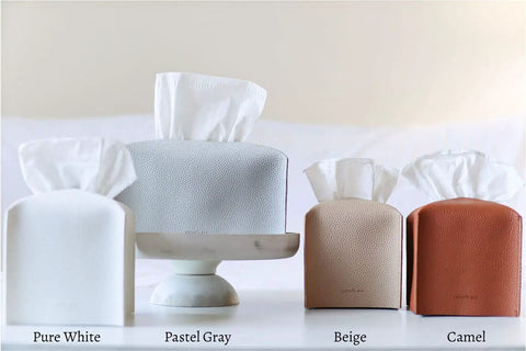 Tissue Box Cover Holder With Bottom Velcro Belt, Square PU Leather Decorative Organizer in Pure White, Pastel Gray, Beige, Camel