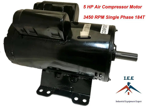 5 HP Air Compressor Electric Motor Replacement, Single Phase 184T Frame, Open Drip Proof Enclosure, 3450 RPM, side view