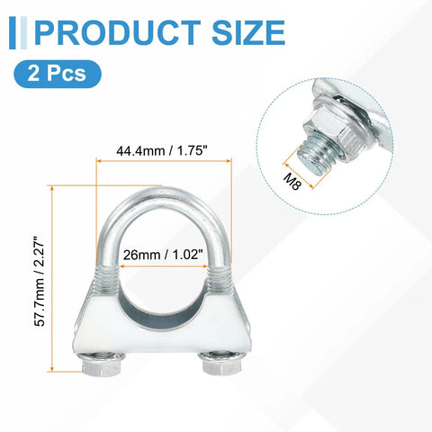 Two Pack U Bolt Exhaust Clamp Kit For Muffler And Exhaust Tip Pipes 26mm 1 Inch Galvanized Iron U Bolt Clamps product dimensions