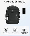 Underseat Travel Backpack for Men 30L Carry On with USB Port Clear Toiletry Bag Laptop Sleeve 14 Pockets Airline Approved Personal Item for Spirit Airlines and Other Carriers Fits Under Seat 18x13x8 Black shown charging a phone