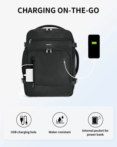 Underseat Travel Backpack for Men 30L Carry On with USB Port Clear Toiletry Bag Laptop Sleeve 14 Pockets Airline Approved Personal Item for Spirit Airlines and Other Carriers Fits Under Seat 18x13x8 Black shown charging a phone