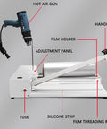 Ylpddmm Professional I-Bar Shrink Wrap Machine With Adjustable Heat Control And Stainless Steel Roller Tray features hot air gun, film holder, and adjustment panel.