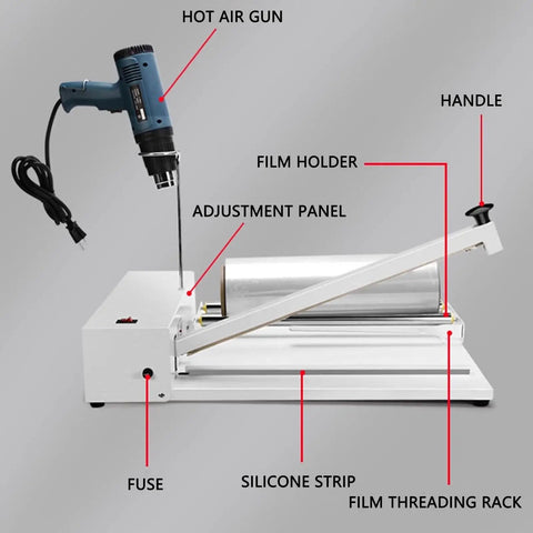 Image of Ylpddmm Heat Sealer Shrink Wrap Machine 12 Inch 18 Inch 24 Inch, showing hot air gun and adjustable panel.