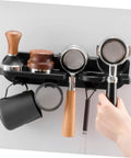 No Drill Coffee Maker Wall Mount Rack For Portafilter And Tamping Station with espresso tools and black finish, space saving bar organizer.