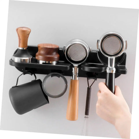 No Drill Coffee Maker Wall Mount Rack For Portafilter And Tamping Station with espresso tools and black finish, space saving bar organizer.