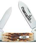 Crisp Chrome Vanadium Steel Pocket Knife With Amber Jigged Bone Handles, Spear And Pen Blades, 3 5/8 Inch Closed Length, Stateside Everyday Carry For Weekend Fixes And Trail Side Tasks, showing dual blades and amber handle.