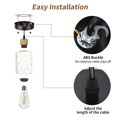 Installation diagram of Matte Black Bathroom Pendant Light Fixture With Clear Glass Shade Single Hanging Light For Kitchen Island E26 Base Hardwired Pendant Lighting Sleek Modern Minimalist Design For Nordic And Luxury Homes, showing parts and cable adjustment.