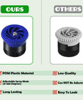 Variable Arc Sprinkler Nozzles 10 Pack Pop Up Head Replacements, blue POM nozzle with adjustable spray mode, comparison with gray nozzle.