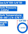 One Quarter Inch OD PU Air Tubing, Five Hundred Fifty Feet Blue Hose dimensions, pressure, and temperature specifications
