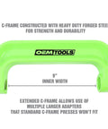 XL C Frame Ball Joint Press Kit For Trucks showing green heavy-duty forged steel C-frame, 9-inch inner width for large adapters.
