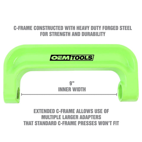 XL C Frame Ball Joint Press Kit For Trucks showing green heavy-duty forged steel C-frame, 9-inch inner width for large adapters.