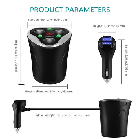 Straight Plug And Play 3 Way Cigarette Lighter Splitter With Triple Usb Car Charger 120W Heavy Duty displayed with dimensions on a white background.