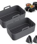 2 Pack Air Fryer Silicone Pots For Foodi Dual DZ201 8Qt And DZ090 6Qt showing grey liners and mitts with air fryer
