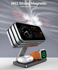 Foldable 3 In 1 Magnetic Wireless Charging Station For Apple MagSafe Charger Stand Fast Magnetic Wireless Charger shown with iPhone, AirPods, and Apple Watch charging