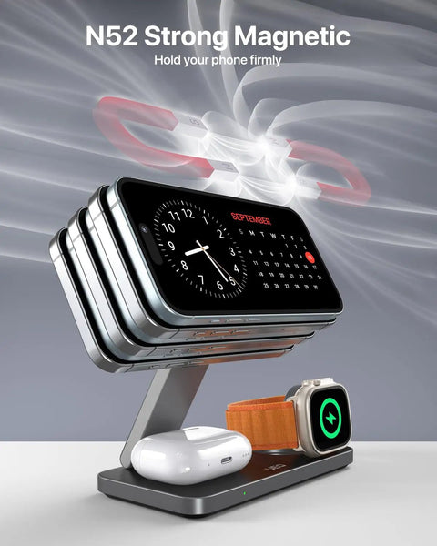 Foldable 3 In 1 Magnetic Wireless Charging Station For Apple MagSafe Charger Stand Fast Magnetic Wireless Charger shown with iPhone, AirPods, and Apple Watch charging