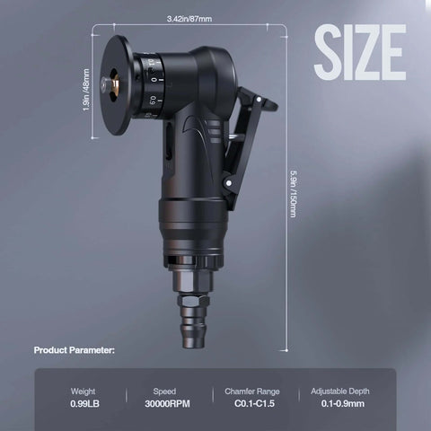 Mulcort black pneumatic chamfering tool, compact handheld grinder with adjustable dial and 6 R-blades for wood beveling.