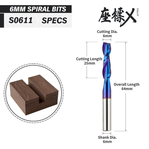 Upcut Spiral CNC Router Bit 6mm Shank For Wood And Plastic Deep Pocketing 25mm Cutting Depth 64mm Overall Length Two Flute Nano